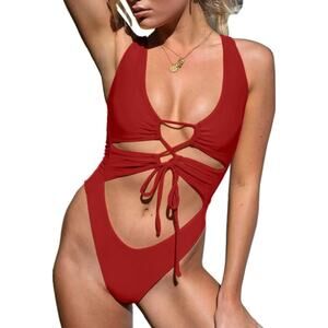 CHYRII Womens Cutout Lace Up Backless High Cut One Piece Swimsuit Monokini Small